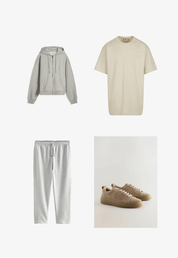 Grå zip-up hættetrøje lavet af blød bomuldsblanding. Har en stor hætte, snore og sidelommer. Løs pasform med ribstrik ved håndleddene.; Lysebeige bomulds-T-shirt med korte ærmer, rund halsudskæring og løs pasform. Stoffet fremstår glat uden synlige mønstre eller accenter.; Lysegrå joggingbukser med elastisk talje, justerbar snor og tilspidsede ben. Fremstillet af blødt, let struktureret stof.; Beige ruskindssneakers med flade snørebånd, lavt snit og gummisål. Har en sømløs tåhætte og syningsdetaljer.