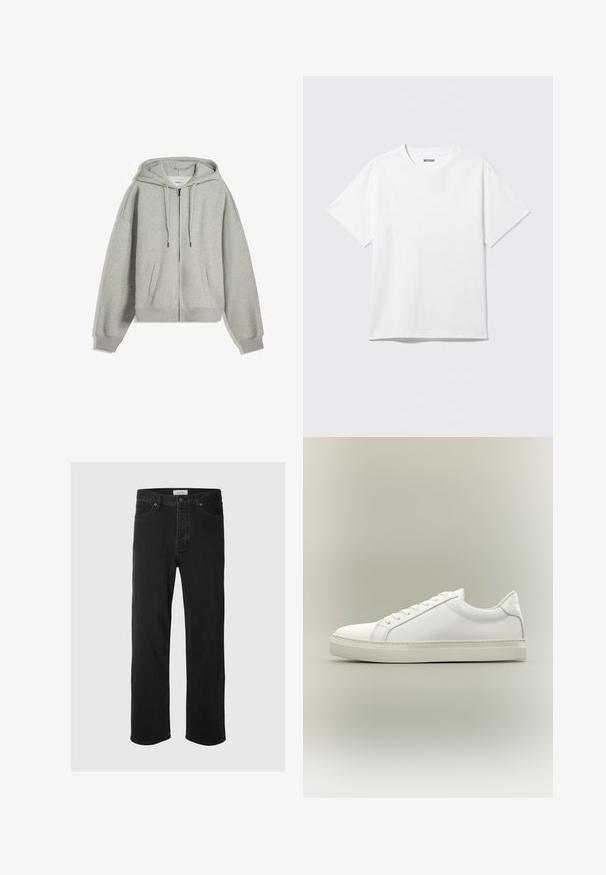 Grå zip-up hættetrøje lavet af blød bomuldsblanding. Har en stor hætte, snore og sidelommer. Løs pasform med ribstrik ved håndleddene.; Hvid kortærmet crewneck T-shirt lagt fladt ud, ensfarvet design, med "WEEKDAY" mærkat inde i kraven på en lys baggrund.; Sorte denim straight-leg jeans har et klassisk fem-lomme design med knaplukning, minimal syning og en blød tekstur.; Hvid lavtop sneaker med snørebånd foran og tyk sål, vist fra siden mod en neutral baggrund.