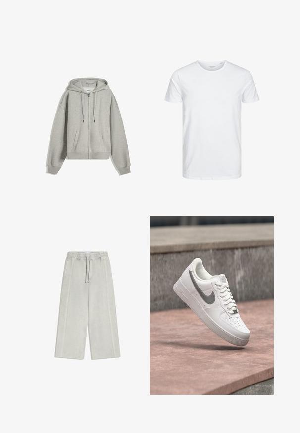 Grå zip-up hættetrøje lavet af blød bomuldsblanding. Har en stor hætte, snore og sidelommer. Løs pasform med ribstrik ved håndleddene.; Rundhals kortærmet t-shirt i ensfarvet hvid, lavet af blød bomuld, har et simpelt design uden synlige mønstre eller detaljer.; Lysegrå, brede bukser med elastisk talje og snøre, forlommer og synlige sømdetaljer på hvid baggrund.; Hvid Nike Air Force 1 sneaker med gråt swoosh-logo svævende over en stensurface og en grå stenvæg i baggrunden.