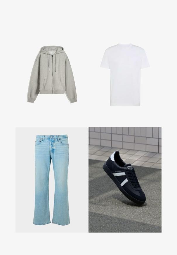 Grå zip-up hættetrøje lavet af blød bomuldsblanding. Har en stor hætte, snore og sidelommer. Løs pasform med ribstrik ved håndleddene.; Hvid kortærmet t-shirt med rund hals og et diskret præget Adidas-logo på venstre bryst, vist mod en hvid baggrund.; Lysblå denimjeans med en flagrende benstil, der har høj talje, fem lommer og knaplukning. Glat tekstur, falmet finish.; Sort lædersneaker med hvide striber, tekstureret gummisål og snørrebånd foran. Har et brandet mærke på tungen.