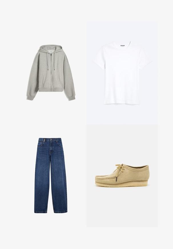 Sweat à capuche gris zippé fabriqué en mélange de coton doux. Il possède une grande capuche, des cordons de serrage et des poches latérales. Coupe décontractée avec des poignets côtelés.; T-shirt blanc uni à manches courtes et col rond avec une étiquette de la marque WEEKDAY visible au niveau du col, présenté sur un fond clair.; Jean en denim bleu à jambes larges avec un design classique à cinq poches, fermeture à bouton et une texture légèrement décolorée. Détails de couture robustes.; Chaussure en daim beige avec un design à lacets, des détails cousus et une semelle en caoutchouc. La forme est décontractée avec un léger talon compensé.
