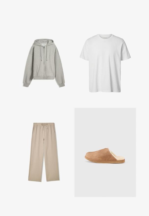 Sweat à capuche gris zippé fabriqué en mélange de coton doux. Il possède une grande capuche, des cordons de serrage et des poches latérales. Coupe décontractée avec des poignets côtelés.; T-shirt blanc uni à manches courtes, col rond, coupe décontractée, sans logos ni motifs visibles à l'avant.; Pantalon beige à jambes larges avec taille élastique et cordon de serrage, doté de poches latérales, posé à plat sur fond blanc.; Chausson en daim marron à enfiler avec une doublure douce en polaire couleur crème et une semelle en caoutchouc, présenté de profil sur un fond blanc.