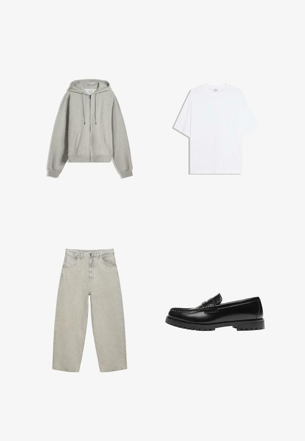 Grå zip-up hættetrøje lavet af blød bomuldsblanding. Har en stor hætte, snore og sidelommer. Løs pasform med ribstrik ved håndleddene.; Hvid oversized bomulds t-shirt med rund hals og korte ærmer; glat tekstur, uden synlige mønstre eller accenter.; Lysegrå vidde jeans i denim med forlommer, bæltestropper og knaplukning, vist fladt på en hvid baggrund.; Sort læderloafer med en kraftig gummisål og klassiske penny-strap detaljer, vist fra ydersiden.
