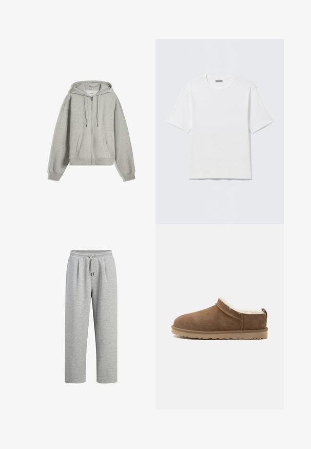 Grå zip-up hættetrøje lavet af blød bomuldsblanding. Har en stor hætte, snore og sidelommer. Løs pasform med ribstrik ved håndleddene.; Hvid, kortærmet t-shirt med rund hals og et lille "WEEKDAY"-mærke på indersiden af bagkraven, vist på en flad overflade.; Grå sweatpants lavet af blød bomuldsblanding. Har elastisk talje med snor, løs pasform og sidelommer.; Brun ruskind slip-on hjemmesko med beige sål og hvid fleecefor, designet til indendørs varme og komfort.