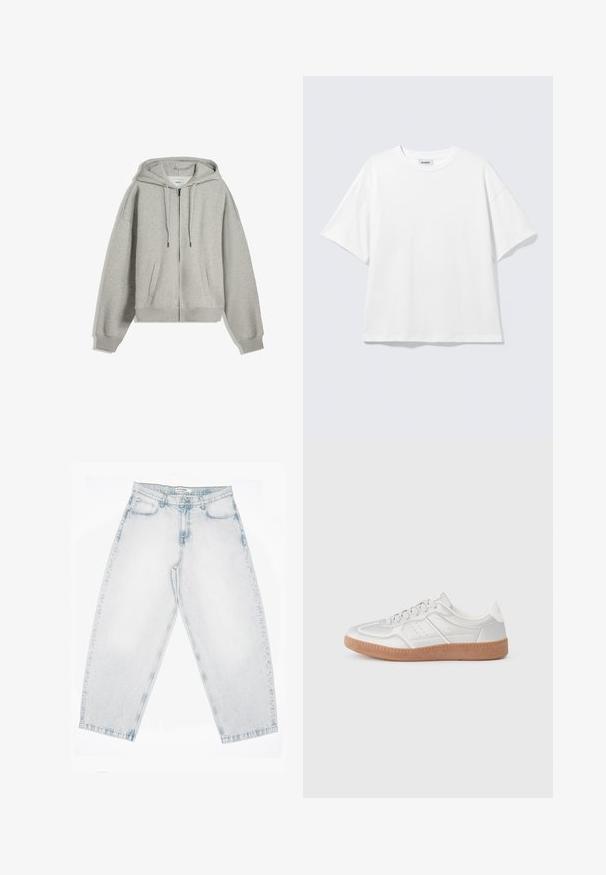 Sweat à capuche gris zippé fabriqué en mélange de coton doux. Il possède une grande capuche, des cordons de serrage et des poches latérales. Coupe décontractée avec des poignets côtelés.; T-shirt blanc oversize à manches courtes, col rond, épaules tombantes, posé à plat sur fond gris clair.; Jean en denim délavé clair avec une taille haute, des jambes droites et larges, une fermeture à boutons et zip, ainsi que des poches à l'avant et à l'arrière.; Baskets argentées avec une texture lisse, un design à lacets, des accents perforés et une semelle en caoutchouc marron texturé.