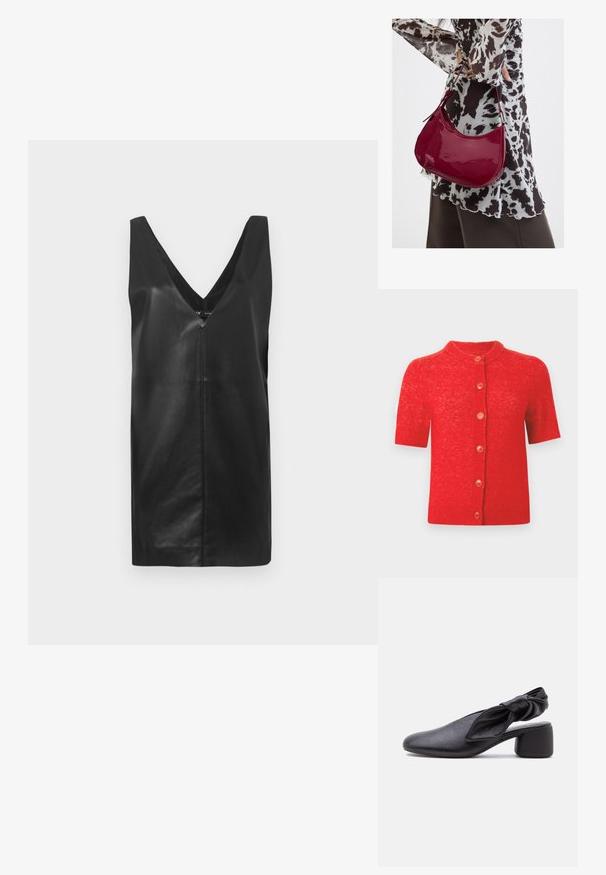 Rote Strickjacke mit kurzen Ärmeln und Rundhalsausschnitt, ausgestattet mit sechs orangefarbenen Knöpfen auf der Vorderseite und leicht strukturierter Strickoptik.; Schwarzes ärmelloses Lederkleid mit tiefem V-Ausschnitt und Mittelnaht, präsentiert vor einem schlichten weißen Hintergrund.; Schwarzer Leder-Slingback-Schuh mit abgerundeter Spitze, einem geknoteten Riemendetail und niedrigem Blockabsatz auf weißem Hintergrund.; Frau trägt eine schwarz-weiß gemusterte Bluse und hält eine glänzende rote Schultertasche vor einem einfarbigen Hintergrund.
