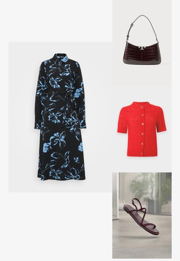 Cardigan rouge à manches courtes avec un col rond, comprenant six boutons orange sur le devant et un tricot légèrement texturé.; Robe longue noire à manches longues avec un motif floral bleu, col à revers, lien de taille et tissu texturé. Longueur midi avec une coupe décontractée.; Sandale plate rouge bordeaux avec fines brides et boucle, flottant au-dessus d’un sol en béton dans un espace intérieur moderne avec des panneaux translucides verticaux.; Sac à bandoulière en cuir marron foncé avec embossage crocodile, fermoir logo argenté et bandoulière réglable sur fond blanc.