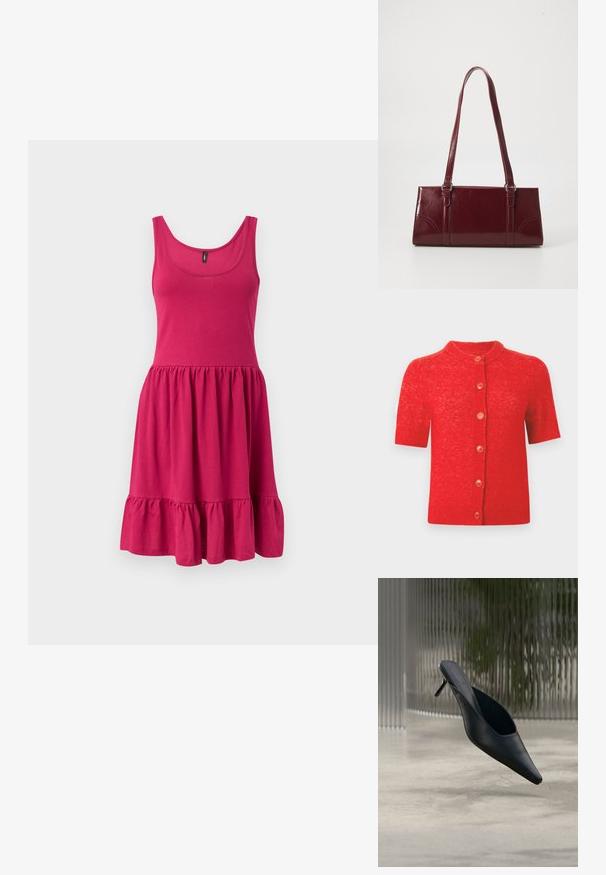 Rote Strickjacke mit kurzen Ärmeln und Rundhalsausschnitt, ausgestattet mit sechs orangefarbenen Knöpfen auf der Vorderseite und leicht strukturierter Strickoptik.; Ärmelloses rosa Baumwollkleid mit Rundhalsausschnitt, geraffter Taille und einem Rüschenabschluss auf hellem, einfarbigen Hintergrund.; Schwarzer spitzer Mule-Schuh mit dünnem hohen Absatz, der über einem glatten Betonboden schwebt, mit einem unscharfen vertikal gestreiften Hintergrund.; Burgunderfarbene Handtasche aus glänzendem Material, rechteckige Form, mit zwei Schulterriemen und subtilen, geschwungenen Akzenten an der Vorderseite.