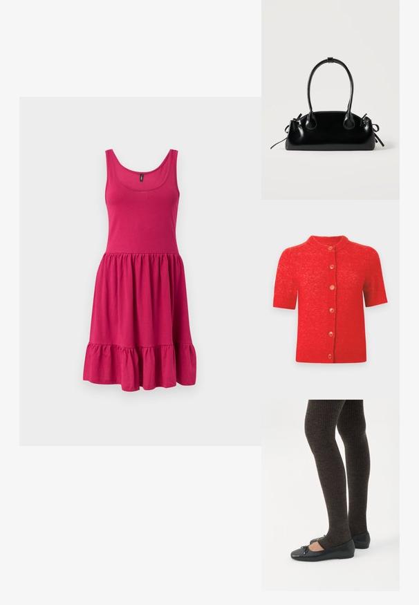 Cardigan rouge à manches courtes avec un col rond, comprenant six boutons orange sur le devant et un tricot légèrement texturé.; Robe en coton rose sans manches avec encolure dégagée, taille froncée et ourlet volanté sur un fond uni clair.; Jambes portant des leggings côtelés foncés associés à des ballerines noires avec de petits détails en nœud sur fond blanc.; Petit sac à main noir brillant avec deux longues anses et des détails à cordon sur les côtés sur un fond clair uni.
