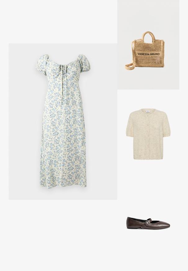 Kortærmet crème cardigan lavet af blødt, struktureret stof med rund halsudskæring og seks knaplukninger foran.; Kremet midikjole med blåt blomsterprint, puffede ærmer, rynket firkantet halsudskæring og bindedetalje foran.; Brune læder flade sko med rund tå og en justerbar spænde rem over midtfoden. Glat tekstur og minimalistisk design.; Vævet beige håndtaske med to håndtag, lang rem, åben vævning og "VANESSA BRUNO" broderet i sort på forsiden.