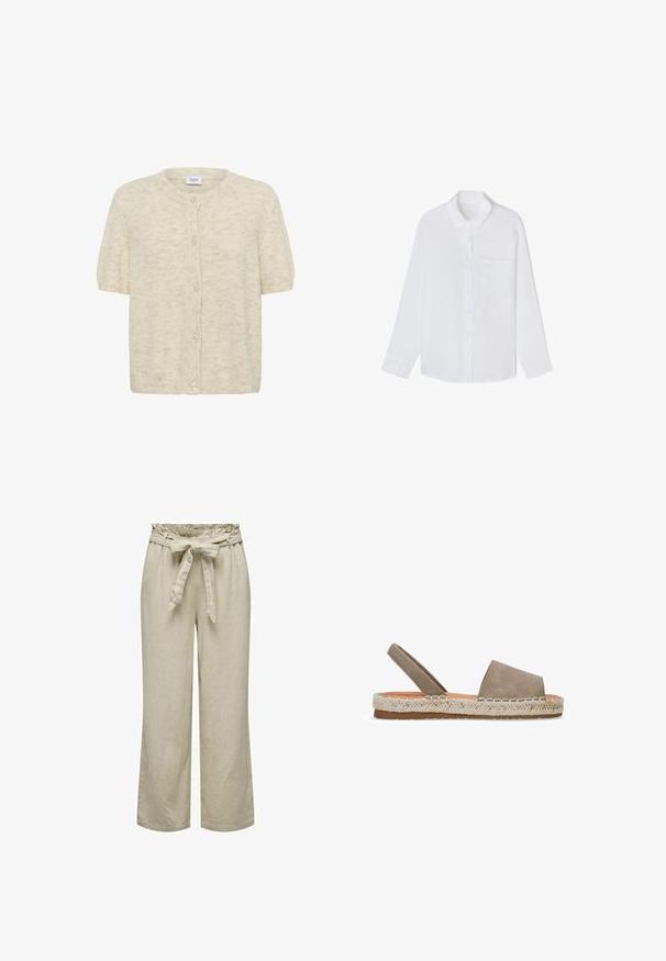 Cárdigan de manga corta en color crema, fabricado en un tejido suave y texturizado, con un cuello redondo y seis botones en la parte delantera.; Camisa blanca de manga larga con botones, cuello y un único bolsillo en el pecho, extendida sobre un fondo blanco.; Pantalones de pierna ancha en beige claro con cintura fruncida y un cinturón atado, confeccionados en una tela texturizada y transpirable.; Sandalias de esparto de ante beige con suela plana, diseño de punta abierta y un ribete trenzado de yute. Presenta una correa trasera de apoyo.