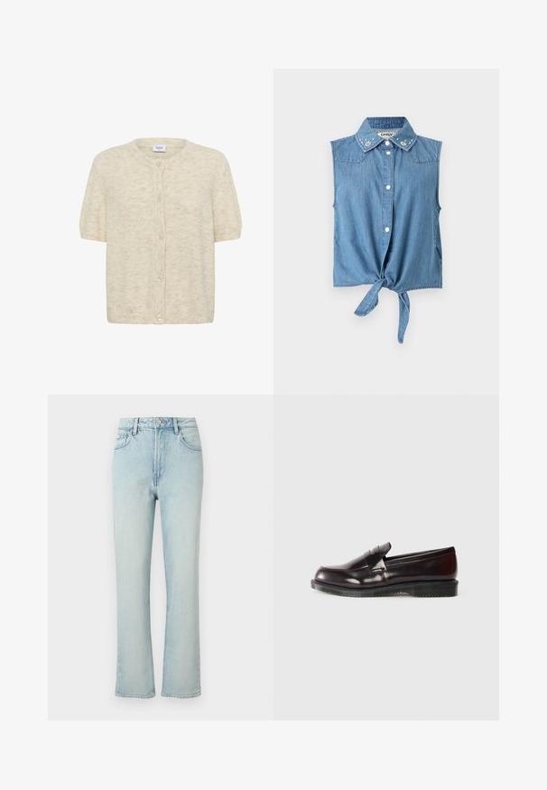 Kortærmet crème cardigan lavet af blødt, struktureret stof med rund halsudskæring og seks knaplukninger foran.; Ærmeløs lyseblå denimskjorte med knapper foran, bindebånd forneden og perleblomsterudsmykning på kraven.; Lyseblå jeans med høj talje og lige ben, med forreste knap, bæltestropper og klassisk femlomme design mod en ensfarvet baggrund.; Bordeaux læder loafers med en glat overflade, en hævet sømdetalje og en gummisål. Designet med en rund tå og minimal hardware.