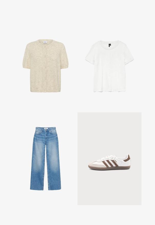 Kurzarm, cremfarbener Cardigan aus weichem, strukturiertem Stoff mit rundem Ausschnitt und sechs Knopfverschlüssen auf der Vorderseite.; Weißes T-Shirt mit kurzen Ärmeln und rundem Ausschnitt, hergestellt aus leichtem Stoff. Schlichtes Design, glatte Textur und gerader Saum.; Blaue Jeans mit weitem Bein, mit Fronttaschen, Gürtelschlaufen und Knopfverschluss, auf weißem Hintergrund dargestellt.; Weißer Adidas Samba Sneaker mit braunen Wildlederstreifen, brauner Gummisohle und beiger Wildlederkappe, von der Außenseite auf schlichtem Hintergrund gezeigt.