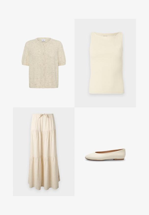 Kortærmet crème cardigan lavet af blødt, struktureret stof med rund halsudskæring og seks knaplukninger foran.; Lysecreme farvet tanktop lavet af ribstrikket stof med firkantet udskæring og ærmeløs design. Ingen synlige logoer eller mønstre.; Beige maxi-nederdel i lag med elastisk talje og snøre, med et flydende, opsamlet stofdesign.; Hvid læderballerina med rundet tå, minimalistisk design, glat tekstur og lav profil med en tynd brun sål.