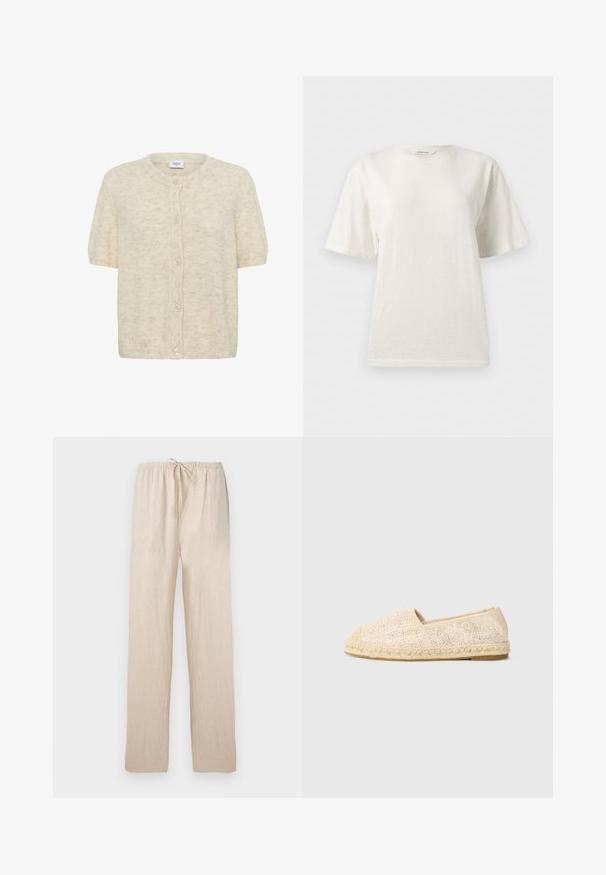 Kurzarm, cremfarbener Cardigan aus weichem, strukturiertem Stoff mit rundem Ausschnitt und sechs Knopfverschlüssen auf der Vorderseite.; Schlichtes weißes T-Shirt mit kurzen Ärmeln und Rundhalsausschnitt, lockerem Schnitt und sichtbarem Markenlabel am Kragen.; Hellbeige, weit geschnittene Hose mit elastischem Bund und Kordelzug, geraden Beinen, aus leichtem Stoff gefertigt.; Beige gewobene Espadrilles mit einem strukturierten Design, ausgestattet mit einer Jutesohle und einem weichen Innenfutter, ideal für die Freizeit.