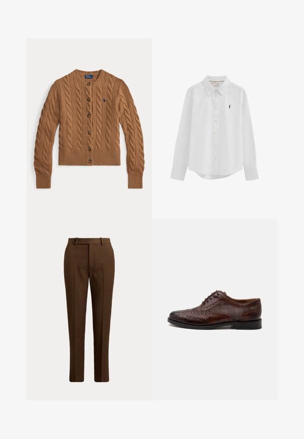 Bruine kabelgebreide cardigan met ronde hals, knoopsluiting, lange mouwen, geribde boorden en zoom, en een klein geborduurd logo op de borst.; Witte blouse met lange mouwen, knopen en kraag, met een klein zwart geborduurd logo van een polo-speler op de linkerborst.; Bruin geruite op maat gemaakte broek met riemlussen en een knoopsluiting aan de voorkant, getoond tegen een effen lichte achtergrond.; Bruine leren herenschoen met vleugelstuk, brogue-details en geruite stoffen zijpanelen, zijaanzicht op een witte achtergrond.