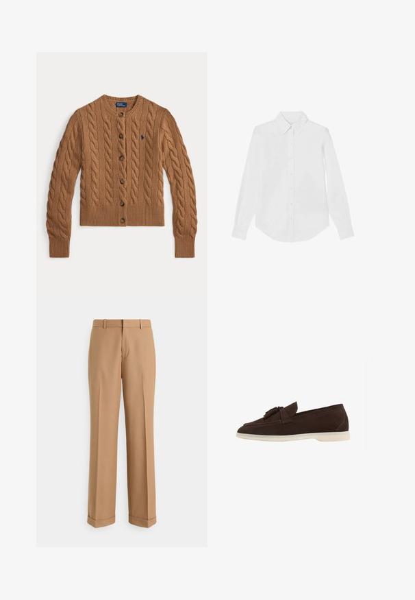Brauner Strickcardigan mit Rundhalsausschnitt, Knopfverschluss, langen Ärmeln, gerippten Bündchen und Saum sowie einem kleinen gestickten Logo auf der Brust.; Weißes Langarmhemd mit Knöpfen aus glattem Stoff. Verfügt über einen klassischen Kragen, abgerundeten Saum und geknöpfte Manschetten. Keine sichtbaren Muster.; Beige, maßgeschneiderte Hose aus glattem Stoff, mit geradem Bein, Bügelfalten und einem umgeschlagenen Saum für einen gepflegten Look.; Scarosso LEANDRA - Slipper - dark brown suede