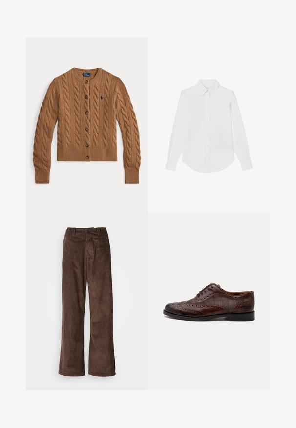 Cardigan en maille torsadée marron avec col rond, fermeture à boutons, manches longues, poignets et ourlet côtelés, et petit logo brodé sur la poitrine.; Chemise blanche à manches longues à boutons, en tissu lisse. Dotée d'un col classique, d'un ourlet arrondi et de poignets à boutons. Pas de motifs visibles.; Pantalons en velours côtelé marron avec une coupe ample, présentant des côtes verticales et une ceinture. Le tissu a une apparence douce et texturée.; Chaussure habillée homme à bout golf en cuir marron avec détails brogue et panneaux latéraux en tissu à carreaux, vue de côté sur fond blanc.