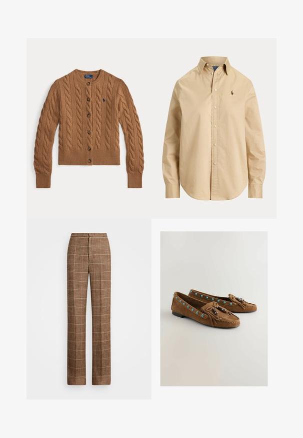 Brauner Strickcardigan mit Rundhalsausschnitt, Knopfverschluss, langen Ärmeln, gerippten Bündchen und Saum sowie einem kleinen gestickten Logo auf der Brust.; Beige langärmliges Hemd mit Knopfleiste und Kragen, besticktem kleinem Logo auf der linken Brust sowie abgerundetem Saum vor einfachem Hintergrund.; Braune karierte Hose mit geradem Bein, Bügelfalte, dezentem Karomuster und tailliertem Bund, präsentiert vor schlichtem weißen Hintergrund.; Braune Mokassins aus Wildleder mit niedrigem Absatz, verziert mit blauen Nieten und dekorativem Fransenbesatz, mit Akzenten aus Holzperlen.