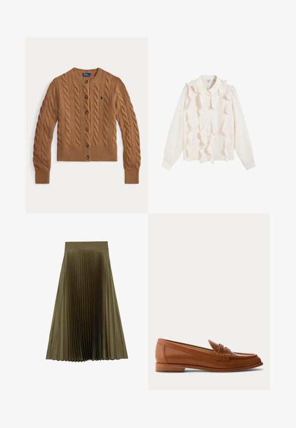 Brun kabelstrikket cardigan med rund hals, knaplukning, lange ærmer, ribstrikkede manchetter og kant samt et lille broderet logo på brystet.; Hvid langærmet bluse med knapper foran, spids krave og lodrette flæsedetaljer langs stolpelukningen og skuldrene.; Olivengrøn midi-nederdel med bredt linning og fine lodrette folder, udvidet ved kanten, på hvid baggrund.; Brun læderloafer med lavt træsål, klassisk penny-rem og syet detalje langs tå og sider.