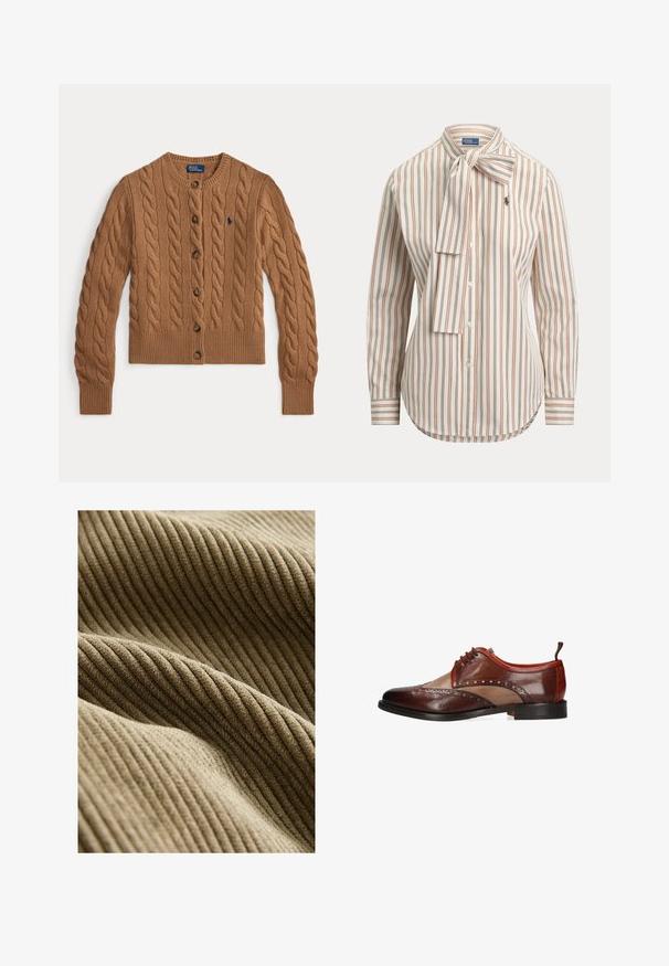 Cardigan en maille torsadée marron avec col rond, fermeture à boutons, manches longues, poignets et ourlet côtelés, et petit logo brodé sur la poitrine.; Blouse beige à manches longues avec des rayures verticales marron et orange, boutonnée sur le devant et un nœud noué au cou.; Tissu côtelé marron avec une surface douce et texturée présentant des lignes verticales, créant de la profondeur avec de légères variations de teinte.; Chaussure habillée homme en cuir marron bicolore avec détails brogue, fermeture à lacets et semelle noire, vue de profil sur fond blanc.