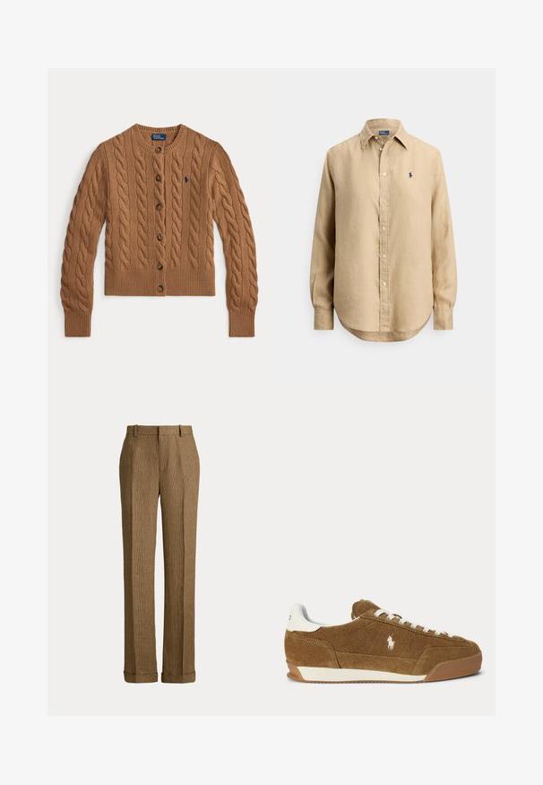 Brauner Strickcardigan mit Rundhalsausschnitt, Knopfverschluss, langen Ärmeln, gerippten Bündchen und Saum sowie einem kleinen gestickten Logo auf der Brust.; Beige langärmliges Hemd mit Knopfleiste, spitzem Kragen und kleinem marineblau besticktem Logo auf der linken Brust.; Braune karierte Hose mit geradem Bein, Gürtelschlaufen und umgeschlagenem Saum vor einfarbigem Hintergrund.; Brauner Wildleder-Low-Top-Sneaker mit weißen Schnürsenkeln, weißem Fersenakzent, Gummisohle und gesticktem Polo-Logo an der Seite.
