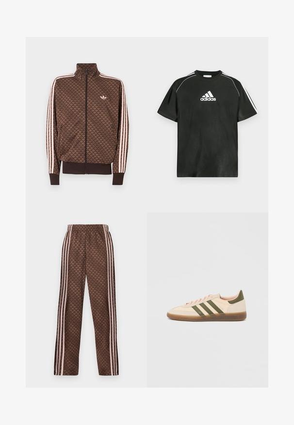 Καφέ αθλητικό μπουφάν Adidas με επαναλαμβανόμενο μοτίβο trefoil, ροζ τρεις ρίγες στα μανίκια, φερμουάρ μπροστά και μικρό λογότυπο trefoil στο στήθος.; Μαύρο κοντομάνικο μπλουζάκι με λευκό λογότυπο Adidas στο στήθος και λευκές ρίγες στους ώμους. Κατασκευασμένο από λείο ύφασμα, άνετη εφαρμογή.; Καφέ παντελόνια φόρμας με ανοιχτό ροζ κάθετες ρίγες στα πλαϊνά και επαναλαμβανόμενο σχέδιο φύλλων σε όλη την επιφάνεια, ελαστική μέση, εφαρμοστή ίσια γραμμή στα πόδια.; Χαμηλού προφίλ μπεζ αθλητικό παπούτσι Adidas Spezial με πράσινες ρίγες, σόλα από καουτσούκ και την επωνυμία "SPEZIAL" στην πλευρά, εμφανίζεται από την εξωτερική πλευρά.
