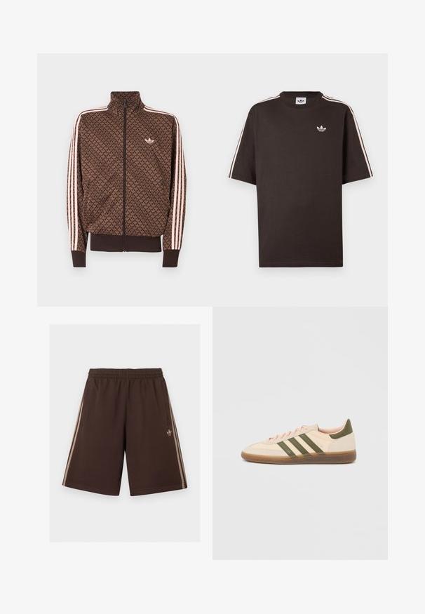 Καφέ αθλητικό μπουφάν Adidas με επαναλαμβανόμενο μοτίβο trefoil, ροζ τρεις ρίγες στα μανίκια, φερμουάρ μπροστά και μικρό λογότυπο trefoil στο στήθος.; Καφέ βαμβακερό t-shirt με κοντά μανίκια, που διαθέτει λευκές ρίγες στους ώμους και ένα μικρό λευκό λογότυπο στο στήθος.; Καφέ σορτς Adidas με ελαστική μέση, πλαϊνές τσέπες και ανοιχτό μπεζ τριπλές ρίγες κατά μήκος των ποδιών, λογότυπο Adidas στη δεξιά πλευρά.; Χαμηλού προφίλ μπεζ αθλητικό παπούτσι Adidas Spezial με πράσινες ρίγες, σόλα από καουτσούκ και την επωνυμία "SPEZIAL" στην πλευρά, εμφανίζεται από την εξωτερική πλευρά.