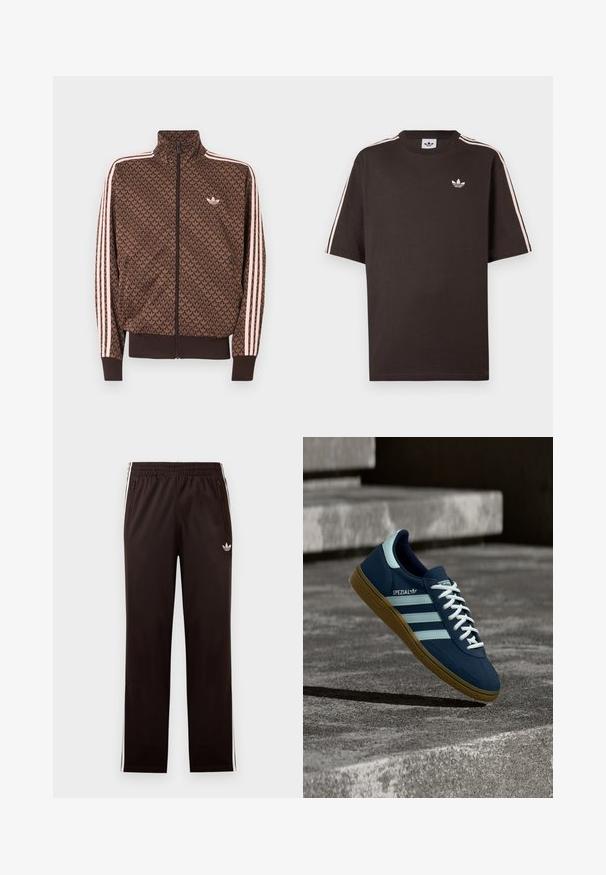 Καφέ αθλητικό μπουφάν Adidas με επαναλαμβανόμενο μοτίβο trefoil, ροζ τρεις ρίγες στα μανίκια, φερμουάρ μπροστά και μικρό λογότυπο trefoil στο στήθος.; Καφέ βαμβακερό t-shirt με κοντά μανίκια, που διαθέτει λευκές ρίγες στους ώμους και ένα μικρό λευκό λογότυπο στο στήθος.; Μαύρο παντελόνι φόρμας Adidas με ελαστική μέση, λευκές ρίγες στα πλάγια, τσέπες με φερμουάρ και μικρό λογότυπο τριφύλλι στο αριστερό μηρό.; Μπλε sneaker Adidas Spezial με λευκές ρίγες και κορδόνια, λαστιχένια σόλα, αιωρείται πάνω από τραχιά επιφάνεια σκυροδέματος και σκαλοπάτια στο φόντο.