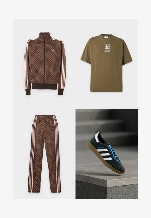 Καφέ αθλητικό μπουφάν Adidas με επαναλαμβανόμενο μοτίβο trefoil, ροζ τρεις ρίγες στα μανίκια, φερμουάρ μπροστά και μικρό λογότυπο trefoil στο στήθος.; Πράσινο ελιάς T-shirt Adidas με μικρό λευκό λογότυπο και ετικέτα κειμένου στο κέντρο του στήθους, μπροστά σε απλό ανοιχτό φόντο.; Καφέ παντελόνια φόρμας με ανοιχτό ροζ κάθετες ρίγες στα πλαϊνά και επαναλαμβανόμενο σχέδιο φύλλων σε όλη την επιφάνεια, ελαστική μέση, εφαρμοστή ίσια γραμμή στα πόδια.; Μαύρο αθλητικό παπούτσι Adidas με λευκές ρίγες, μπλε κορδόνια και καουτσούκ σόλα να αιωρείται πάνω από γκρίζο τσιμεντένιο σκαλοπάτι σε απαλό φως.