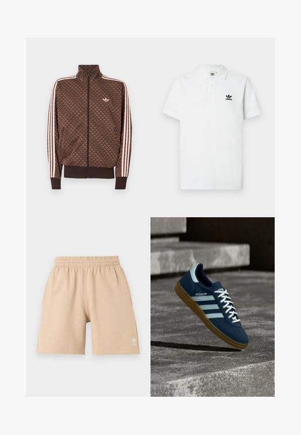 Καφέ αθλητικό μπουφάν Adidas με επαναλαμβανόμενο μοτίβο trefoil, ροζ τρεις ρίγες στα μανίκια, φερμουάρ μπροστά και μικρό λογότυπο trefoil στο στήθος.; Λευκό βαμβακερό πόλο με κλασικό γιακά, τριπλό κουμπί στο εμπρόσθιο μέρος και μαύρο κεντημένο λογότυπο Adidas στο αριστερό στήθος. Κοντά μανίκια.; Μπεζ σορτς με ελαστική μέση, πλαϊνές τσέπες και ένα μικρό λευκό λογότυπο Adidas στο αριστερό πόδι, εμφανίζεται σε απλό φόντο.; Μπλε sneaker Adidas Spezial με λευκές ρίγες και κορδόνια, λαστιχένια σόλα, αιωρείται πάνω από τραχιά επιφάνεια σκυροδέματος και σκαλοπάτια στο φόντο.