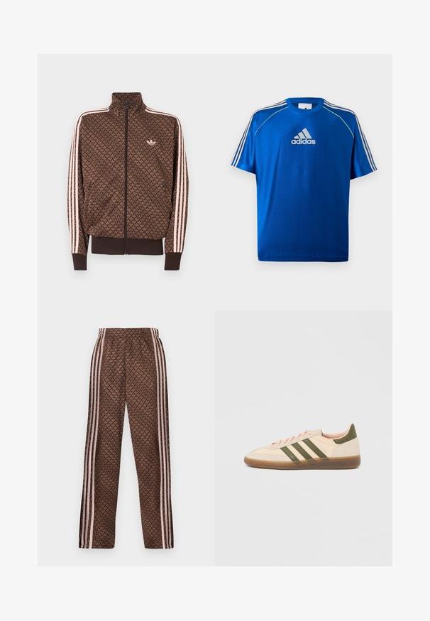 Καφέ αθλητικό μπουφάν Adidas με επαναλαμβανόμενο μοτίβο trefoil, ροζ τρεις ρίγες στα μανίκια, φερμουάρ μπροστά και μικρό λογότυπο trefoil στο στήθος.; Μπλε αθλητική μπλούζα Adidas με λευκό λογότυπο στο στήθος, λευκές ρίγες στους ώμους και νέον κίτρινο περίγραμμα στις ραφές των ώμων.; Καφέ παντελόνια φόρμας με ανοιχτό ροζ κάθετες ρίγες στα πλαϊνά και επαναλαμβανόμενο σχέδιο φύλλων σε όλη την επιφάνεια, ελαστική μέση, εφαρμοστή ίσια γραμμή στα πόδια.; Χαμηλού προφίλ μπεζ αθλητικό παπούτσι Adidas Spezial με πράσινες ρίγες, σόλα από καουτσούκ και την επωνυμία "SPEZIAL" στην πλευρά, εμφανίζεται από την εξωτερική πλευρά.