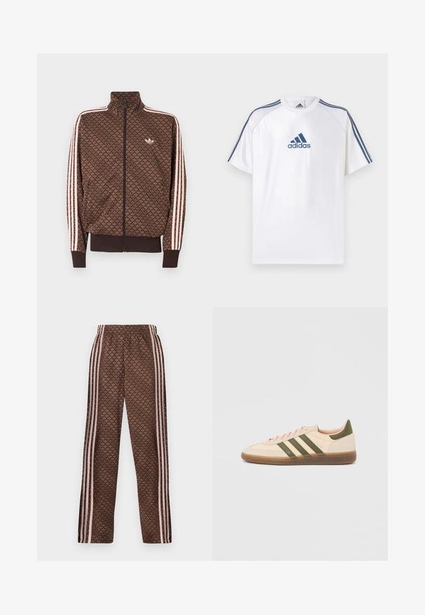 Καφέ αθλητικό μπουφάν Adidas με επαναλαμβανόμενο μοτίβο trefoil, ροζ τρεις ρίγες στα μανίκια, φερμουάρ μπροστά και μικρό λογότυπο trefoil στο στήθος.; Λευκό μπλουζάκι Adidas με μπλε λεπτομέρειες, κοντά μανίκια και στρογγυλή λαιμόκοψη. Φέρει το λογότυπο Adidas σε μπλε χρώμα στο μπροστινό μέρος και τρεις ρίγες στους ώμους.; Καφέ παντελόνια φόρμας με ανοιχτό ροζ κάθετες ρίγες στα πλαϊνά και επαναλαμβανόμενο σχέδιο φύλλων σε όλη την επιφάνεια, ελαστική μέση, εφαρμοστή ίσια γραμμή στα πόδια.; Χαμηλού προφίλ μπεζ αθλητικό παπούτσι Adidas Spezial με πράσινες ρίγες, σόλα από καουτσούκ και την επωνυμία "SPEZIAL" στην πλευρά, εμφανίζεται από την εξωτερική πλευρά.