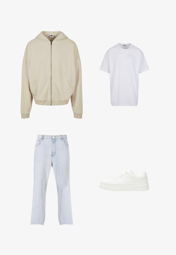 Beige Zip-Hoodie mit Kapuze, Fronttaschen, gerippten Bündchen und Saum. Hergestellt aus weichem Material mit glatter Textur.; Schlichtes weißes Kurzarm-T-Shirt aus Baumwolle mit Rundhalsausschnitt und sichtbarem Größen- sowie Markenlabel im Innenkragen.; Hellblaue Denim-Jeans mit geradem Bein, vorderer Knopf- und Reißverschluss und Fünf-Taschen-Design.; Weiße Sneaker mit einem glatten Lederoberteil, flachen Schnürsenkeln und einer dicken Gummisohle. Das minimalistische Design verfügt über subtile Nähte und nahtlose Akzente.