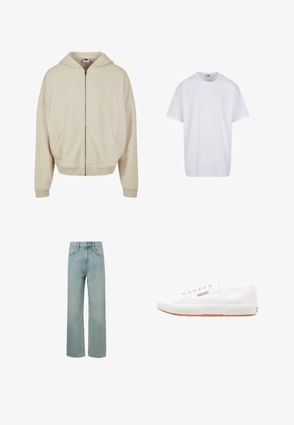 Haut à capuche zippé beige avec une capuche, des poches avant, des poignets et un ourlet côtelés. Fabriqué à partir d'un matériau doux avec une texture lisse.; T-shirt blanc uni en coton à manches courtes avec col rond et étiquette de taille et de marque visible à l'intérieur du col.; Jeans en denim bleu clair avec une coupe large, taille haute et un style classique à cinq poches. Présente un léger délavage et un ourlet propre.; Baskets en toile blanches avec une semelle en caoutchouc, design à lacets et une petite étiquette logo sur le côté. Tige blanche texturée et semelle extérieure marron.