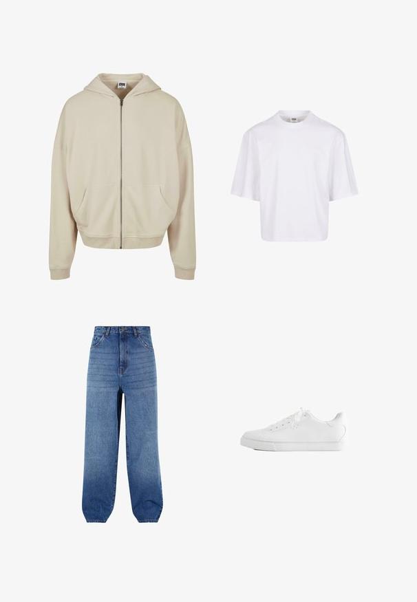 Beige zip-up hoodie med hætte, forlommer, ribbede manchetter og nederkant. Fremstillet af blødt materiale med en glat struktur.; Hvid t-shirt med korte ærmer, der har en rund halsudskæring og en afslappet pasform, lavet af et glat bomuldsblandingsstof. Ingen mønstre eller udsmykninger.; Lyseblå denimjeans med høj talje, løs pasform og snævre manchetter. Har fem lommer og diskret falmning langs fronten.; Hvid lavtop sneakers med snørebånd, glat læderoverdel og flad gummiå sole set fra siden på en hvid baggrund.