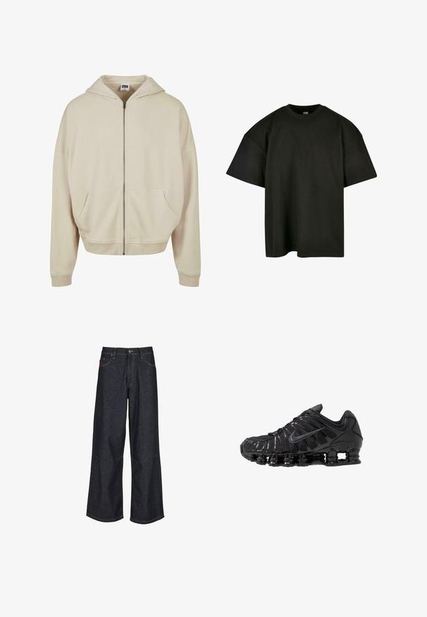 Beige zip-up hoodie med hætte, forlommer, ribbede manchetter og nederkant. Fremstillet af blødt materiale med en glat struktur.; Sort oversized t-shirt i blød bomuld. Har en rund crew neckline og korte ærmer, med en glat tekstur og minimalistisk design.; Mørkeblå vidde jeans lavet af denim, med et klassisk design med fem lommer, kontrastsyning og en knapgylp.; Sorte atletikskoser lavet af mesh og syntetiske materialer, med et karakteristisk bølget design, sort gummisål og reflekterende detaljer.