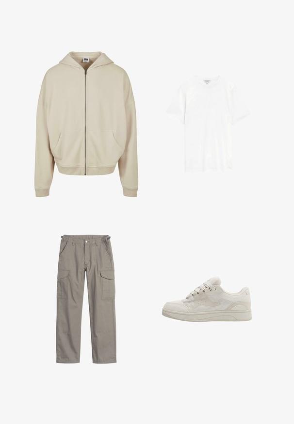 Beige zip-up hoodie med hætte, forlommer, ribbede manchetter og nederkant. Fremstillet af blødt materiale med en glat struktur.; Autograph T-shirts basic - white; Cargo bukser i lysegrå stof, med to store sidelommer, frontlommer, knappelukning og en løs pasform.; Hvid lav sneakers med snøreføring foran, polstret krave og struktureret sål, vist fra siden på en hvid baggrund.