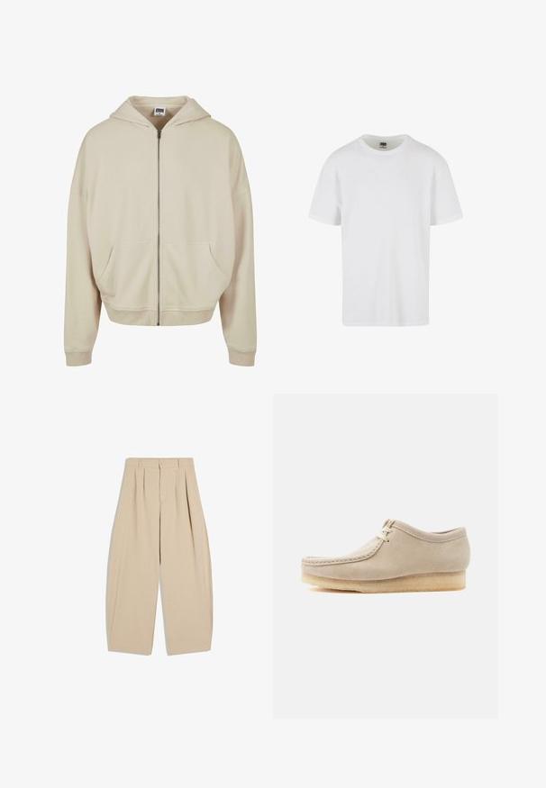 Beige zip-up hoodie met een capuchon, voorzakken, ribgebreide manchetten en zoom. Gemaakt van zacht materiaal met een gladde textuur.; Witte korte mouwen t-shirt gemaakt van gestructureerd katoen. Heeft een ronde hals en een recht afgeknipte zoom. Minimalistisch ontwerp zonder zichtbare logo's.; Beige hoge taille wijde broek met plooien, riemlussen, knoopsluiting en een verborgen ritssluiting aan de voorkant.; Beige suède veter schoen met crepesool, stiksel in mocassinstijl en een lage enkelontwerp, geïsoleerd op een lichte achtergrond.