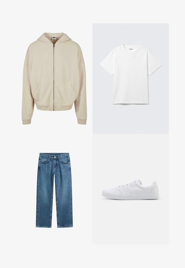 Beige zip-up hoodie med hætte, forlommer, ribbede manchetter og nederkant. Fremstillet af blødt materiale med en glat struktur.; Hvid kortærmet crewneck T-shirt lagt fladt ud, ensfarvet design, med "WEEKDAY" mærkat inde i kraven på en lys baggrund.; Straight-leg blå denim jeans med klassisk fem-lomme design og knaplukning på hvid baggrund.; Hvide lærreds sneakers med gummisål, der har seks snørehuller, en struktureret tåkap og et minimalistisk design.