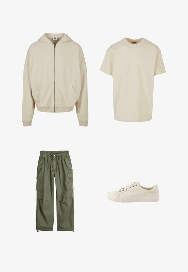 Beige zip-up hoodie met een capuchon, voorzakken, ribgebreide manchetten en zoom. Gemaakt van zacht materiaal met een gladde textuur.; Korte mouwen, ronde hals t-shirt in lichtbeige katoen. Classic fit met een rechte onderkant en geen grafische ontwerpen of accenten.; Olijfgroene cargo broek met een elastische tailleband, koord, meerdere zijzakken en taps toelopende manchetten. Gemaakt van duurzaam katoen.; Next REGULAR FIT - LONGLINE SMART CASUAL - Sneakers laag - neutral