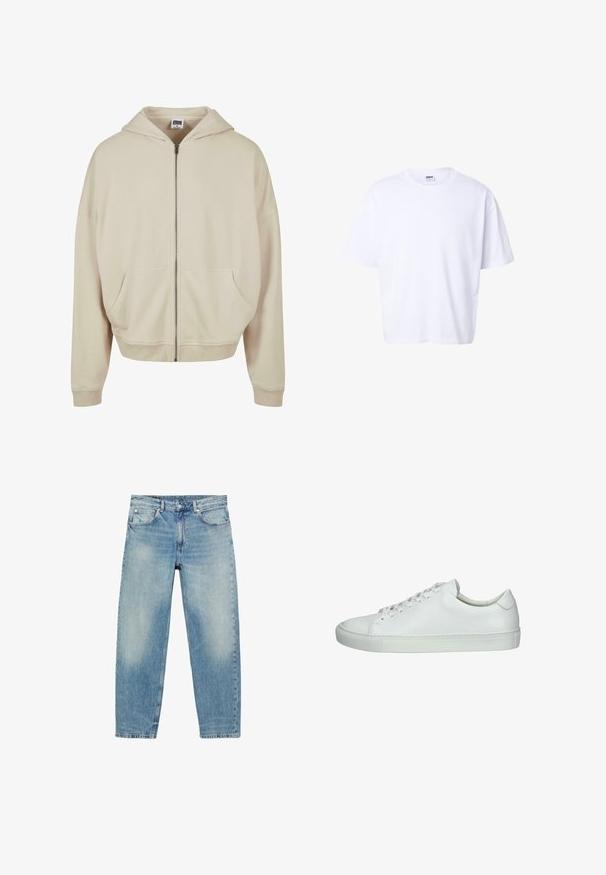 Haut à capuche zippé beige avec une capuche, des poches avant, des poignets et un ourlet côtelés. Fabriqué à partir d'un matériau doux avec une texture lisse.; T-shirt blanc uni en coton à manches courtes, col rond, coupe ample et étiquette de marque Urban Classic à l'intérieur du col.; Jean droit en denim bleu avec poches avant et passants de ceinture, présentant des détails légèrement décolorés sur les cuisses et les genoux.; Baskets en cuir blanc avec une finition lisse, bout arrondi, fermeture à lacets et semelle en caoutchouc texturée. Design minimaliste avec une silhouette basse.