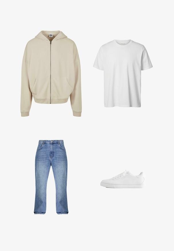 Beige Zip-Hoodie mit Kapuze, Fronttaschen, gerippten Bündchen und Saum. Hergestellt aus weichem Material mit glatter Textur.; Schlichtes weißes T-Shirt mit kurzen Ärmeln und Rundhalsausschnitt, lässiger Passform und ohne sichtbare Logos oder Designs auf der Vorderseite.; Hellblaue Denim-Jeans mit hoher Taille, geradem Schnitt und leicht ausgestellten Beinen. Verfügt über klassische Fünf-Taschen-Stil und Gürtelschlaufen.; Weißer Low-Top-Sneaker mit Schnürsenkeln, glattem Lederobermaterial und flacher Gummisohle, seitlich auf weißem Hintergrund gezeigt.