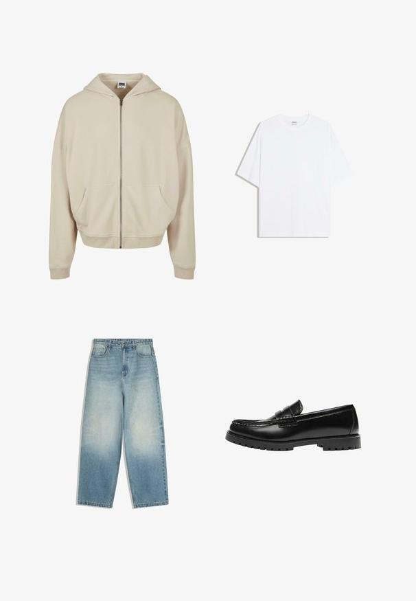Beige zip-up hoodie met een capuchon, voorzakken, ribgebreide manchetten en zoom. Gemaakt van zacht materiaal met een gladde textuur.; Wit oversized katoenen T-shirt met een ronde hals en korte mouwen; gladde textuur, zonder zichtbare patronen of accenten.; Lichtblauwe denim jeans met wijde pijpen, voorzakken, knoopsluiting en vervaagde wassing op dijen en knieën.; Zwarte leren loafer met een dikke rubberen zool en klassieke penny-strap details, gezien vanaf de buitenkant.