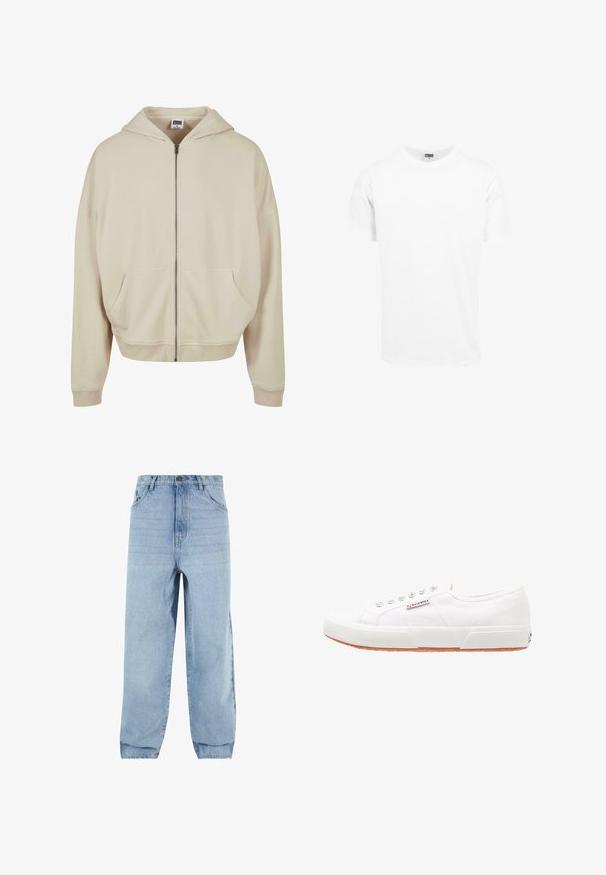Beige zip-up hoodie med hætte, forlommer, ribbede manchetter og nederkant. Fremstillet af blødt materiale med en glat struktur.; Hvid bomulds t-shirt, korte ærmer, rund hals, lige snit, blød tekstur, enkelt design, ingen grafik eller mønstre.; Lyseblå denimjeans med løs pasform, høj talje og fem lommer. Har bæltestropper og knaplukning. Blød tekstur.; Hvide kanvas sneakers med gummisål, snørebåndsdesign og et lille logo mærke på siden. Tekstureret hvid overdel og brun ydersål.