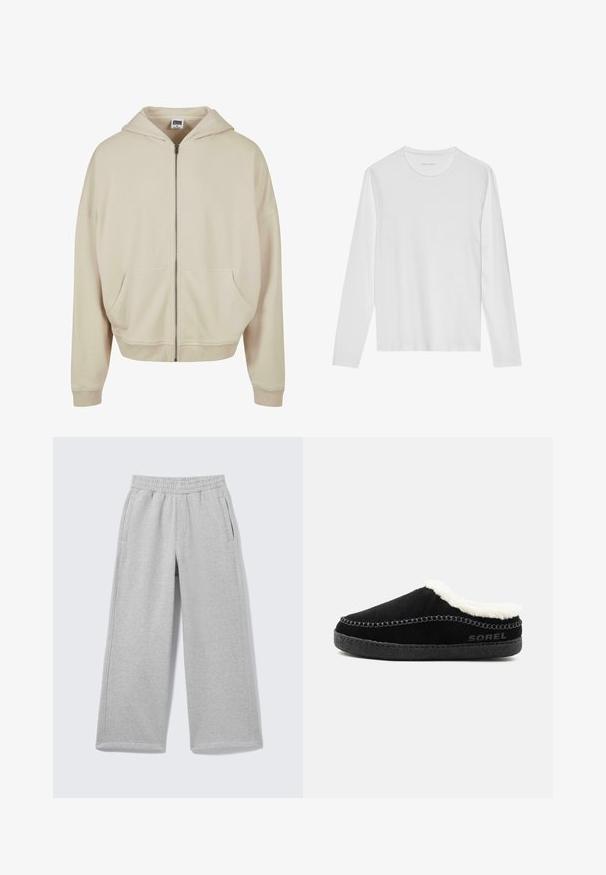 Beige zip-up hoodie med hætte, forlommer, ribbede manchetter og nederkant. Fremstillet af blødt materiale med en glat struktur.; Langærmet hvid T-shirt lavet af blød bomuld, med rund halsudskæring og en glat tekstur uden synlige mønstre eller accenter.; Lysegrå sweatpants med vide ben, elastisk linning og sidelommer vist på en ensfarvet baggrund.; Sort slip-on hjemmesko med hvid fleeceforing, syet overdel og slidstærk tekstureret sål, mærket "SOREL" på siden.
