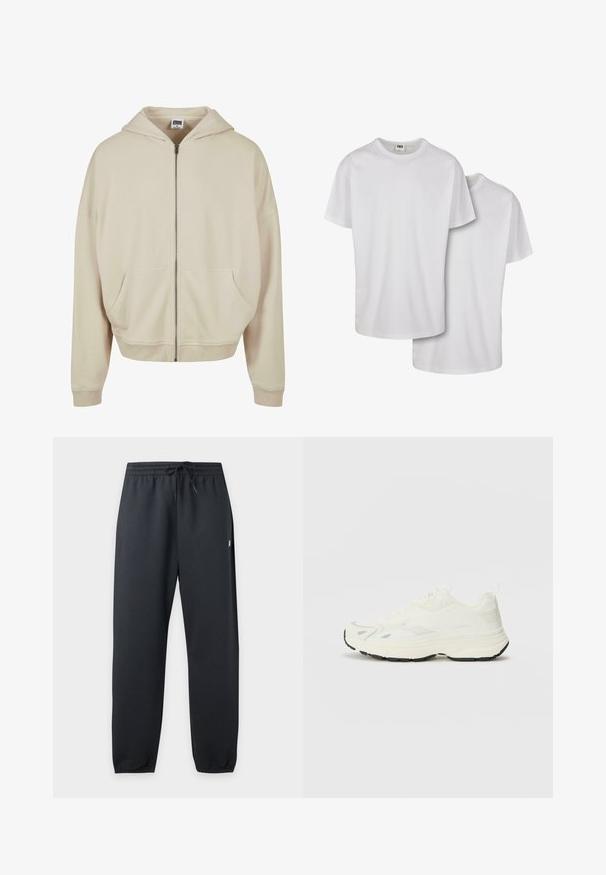 Beige zip-up hoodie med hætte, forlommer, ribbede manchetter og nederkant. Fremstillet af blødt materiale med en glat struktur.; Hvide bomulds t-shirts med korte ærmer, rund halsudskæring og en glat tekstur, vist stablet med en let overlappende front.; Sorte elastiske sweatpants med snøre i taljen og manchetter ved anklerne, vist mod en ensartet lys baggrund.; Maison Kitsuné SORA RUNNERS - Sneakers - white