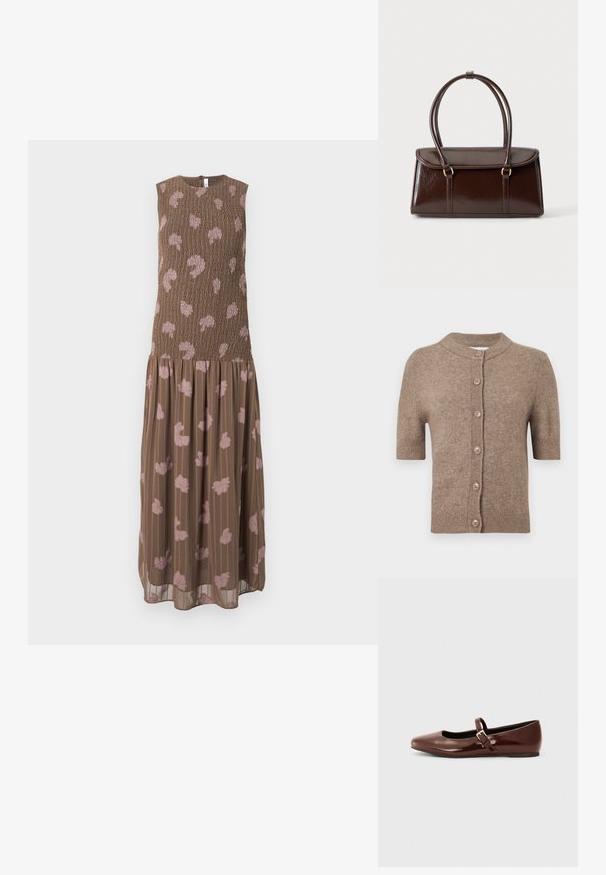 Cardigan marron à manches courtes en tissu doux avec un col rond, comportant six boutons marron sur le devant et des bords côtelés.; Robe marron sans manches avec un corsage smocké et une jupe fluide ; présente des motifs floraux roses pâles et des rayures verticales. Tissu léger et texturé.; Ballerine en cuir verni marron avec un bout carré et une lanière ornée d'une petite boucle dorée. Texture lisse, talon bas et design minimaliste.; Sac à main rectangulaire en cuir marron foncé avec deux anses en boucle et une fermeture à rabat sur un fond clair uni.
