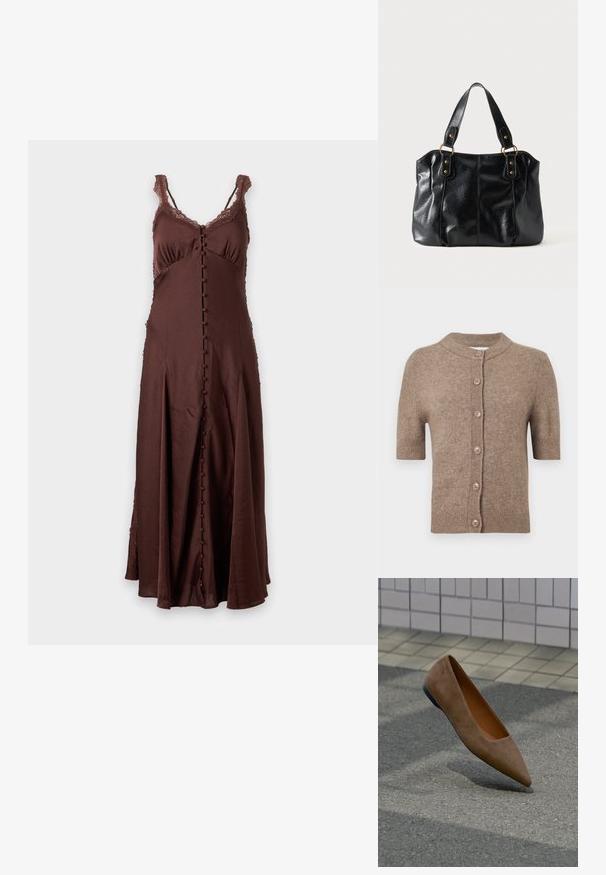 Cardigan marron à manches courtes en tissu doux avec un col rond, comportant six boutons marron sur le devant et des bords côtelés.; Robe marron sans manches avec bretelles en dentelle, boutonnage devant et jupe fluide avec plis.; Chaussure plate en daim marron à bout pointu flottant au-dessus de l'asphalte avec un mur carrelé et un trottoir en arrière-plan.; Sac à épaule en cuir noir avec double anses attachées par des anneaux et rivets dorés, surface lisse et légèrement brillante, design simple.