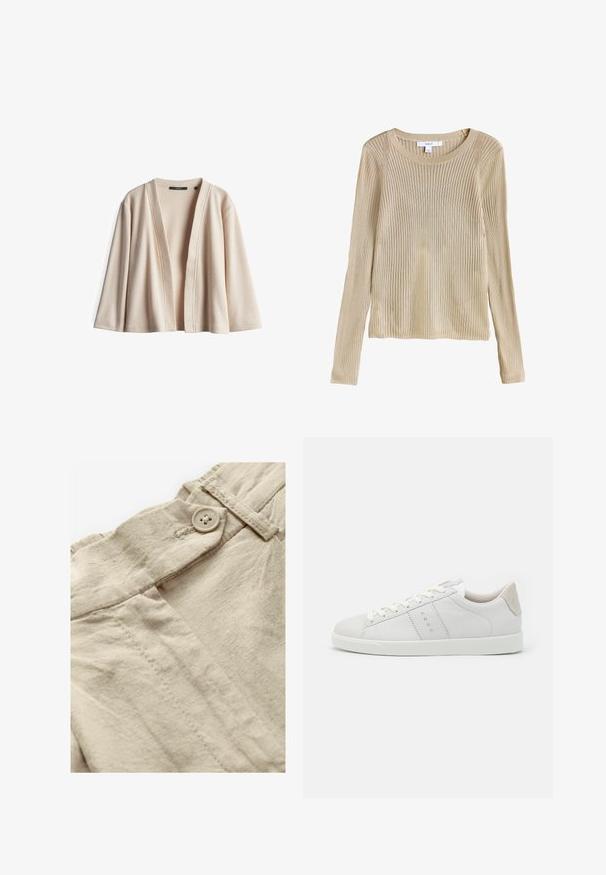 Beige gebreide cardigan met een open voorkant, brede mouwen en ribbeltextuur. Geen sluitingen; de relaxte pasvorm creëert een vloeiende silhouet.; Beige geribbelde lange mouw gebreide trui met ronde hals en slim fit, plat weergegeven met label zichtbaar bij de kraag.; Beige linnen stof met een zichtbare knoopsluiting en stikdetails. De textuur is licht gekreukt, wat zorgt voor een zachte, natuurlijke afwerking.; Witte leren sneaker met een gladde afwerking, met een ronde neus, platte veters en een beige leren hieltab. Geâctiviteerde binnenkant en een minimalistisch ontwerp.